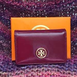 Tory Burch burgundy patent leather card holder
